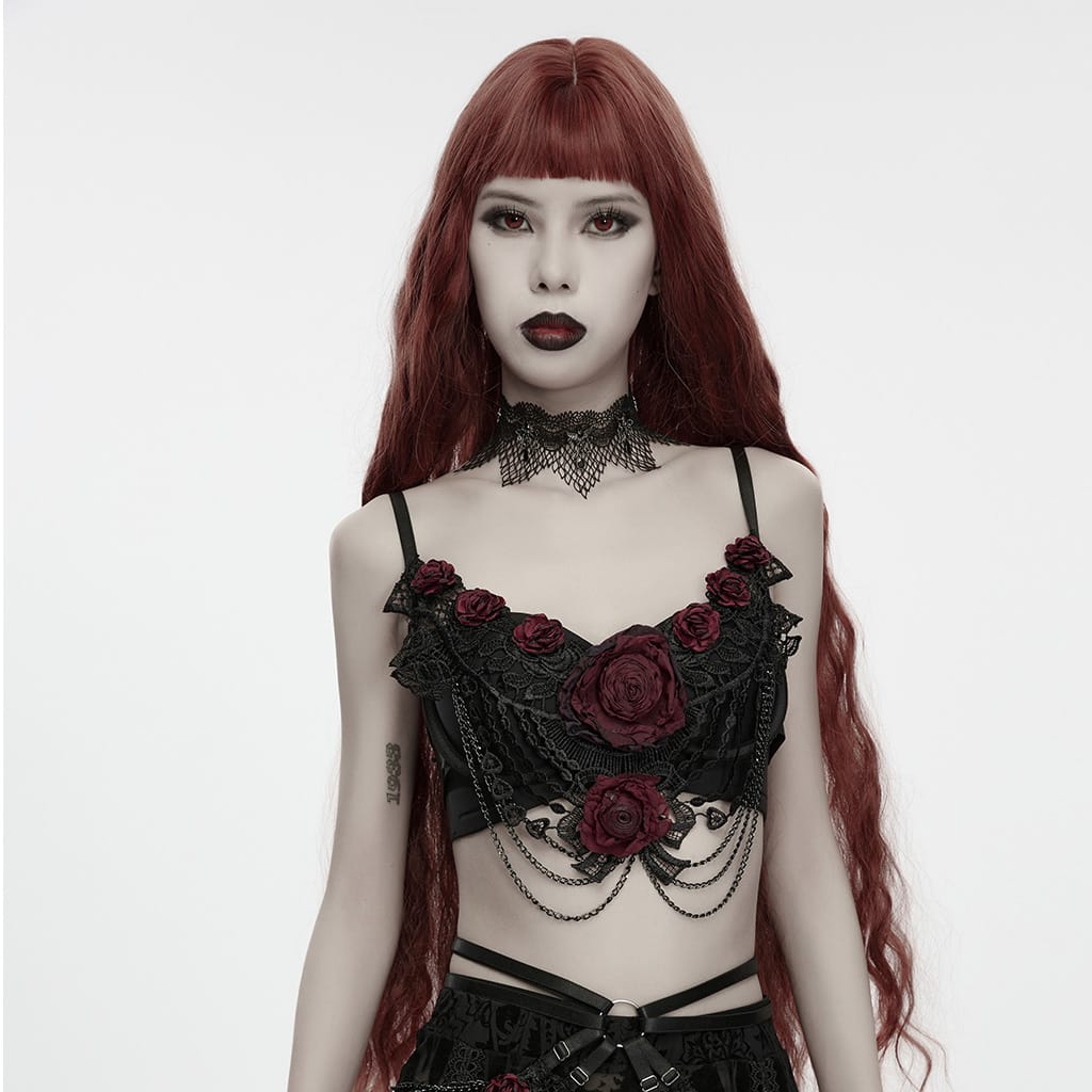 PUNK RAVE Women's Gothic Rose Chain Bralet Black-Red