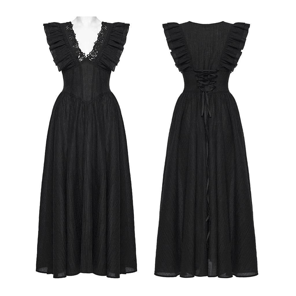 PUNK RAVE Women's Gothic Rose Cutout Plunging Ruffled Sleeveless Maxi Dress