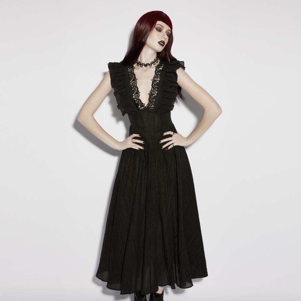 PUNK RAVE Women's Gothic Rose Cutout Plunging Ruffled Sleeveless Maxi Dress