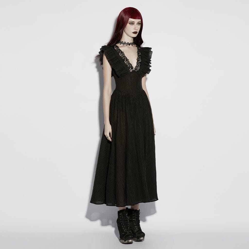 PUNK RAVE Women's Gothic Rose Cutout Plunging Ruffled Sleeveless Maxi Dress