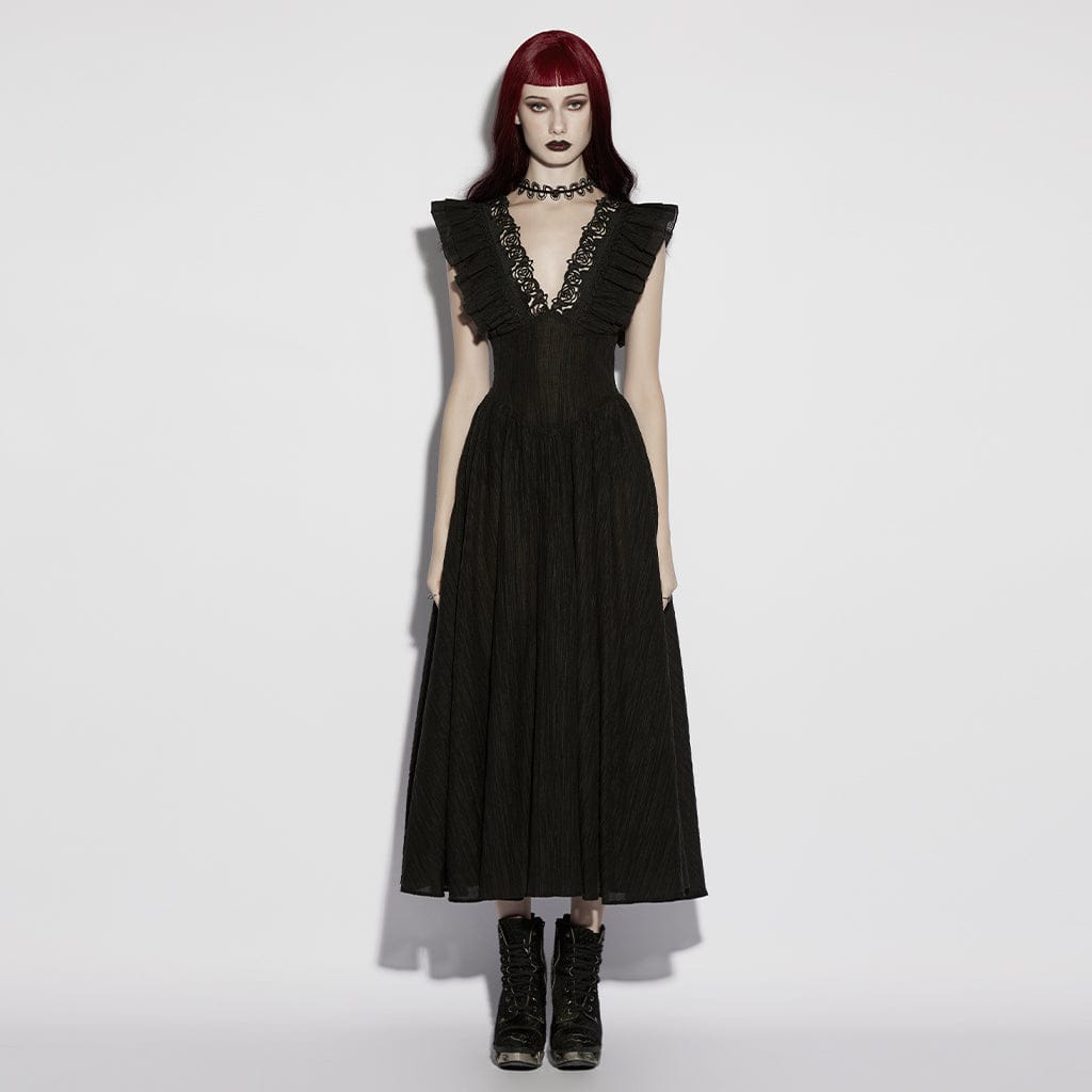 PUNK RAVE Women's Gothic Rose Cutout Plunging Ruffled Sleeveless Maxi Dress Graduation Dress