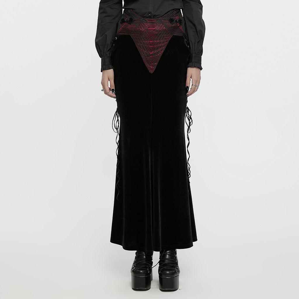 PUNK RAVE Women's Gothic Rose Embroidered Lace-up Fishtailed Velvet Skirt Black-Red