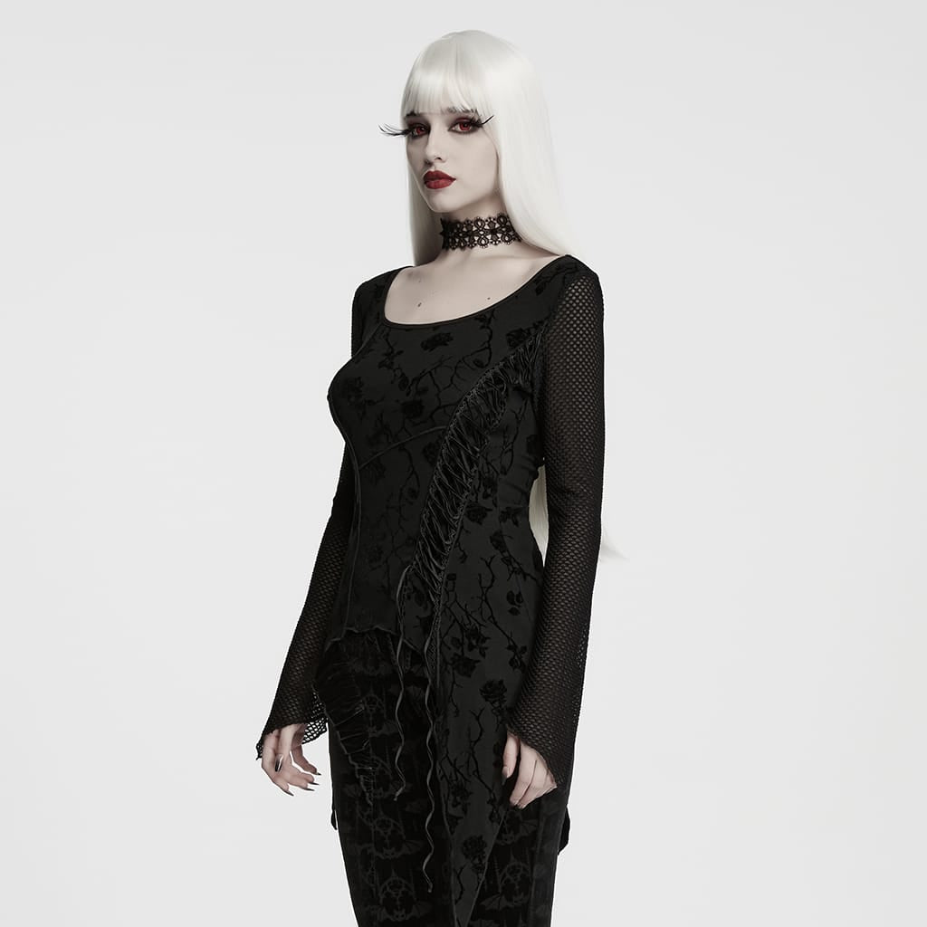 PUNK RAVE Women's Gothic Rose Flocked Lace-up Irregular Hem Long Sleeve Top