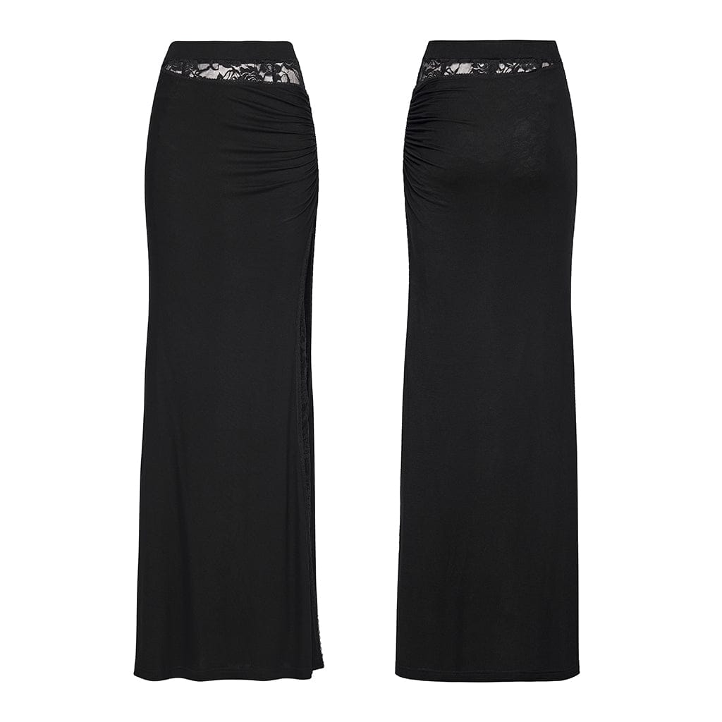 PUNK RAVE Women's Gothic Rose Lace Splice Side Slit Skirt