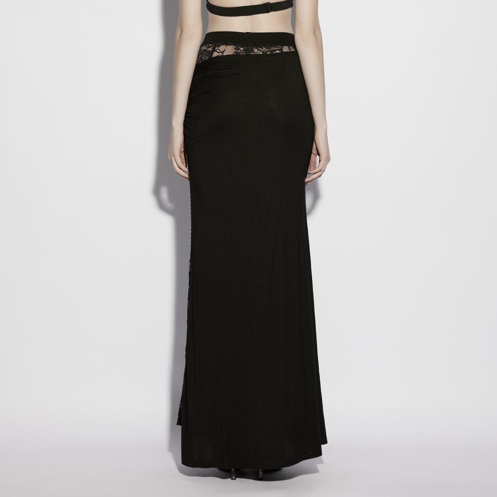 PUNK RAVE Women's Gothic Rose Lace Splice Side Slit Skirt