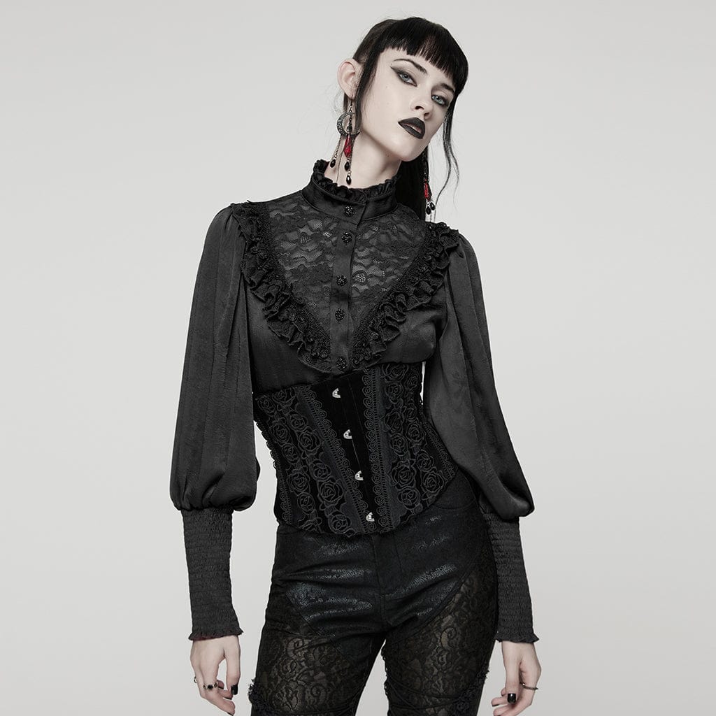 PUNK RAVE Women's Gothic Rose Pattern Lace-up Underbust Corset Black