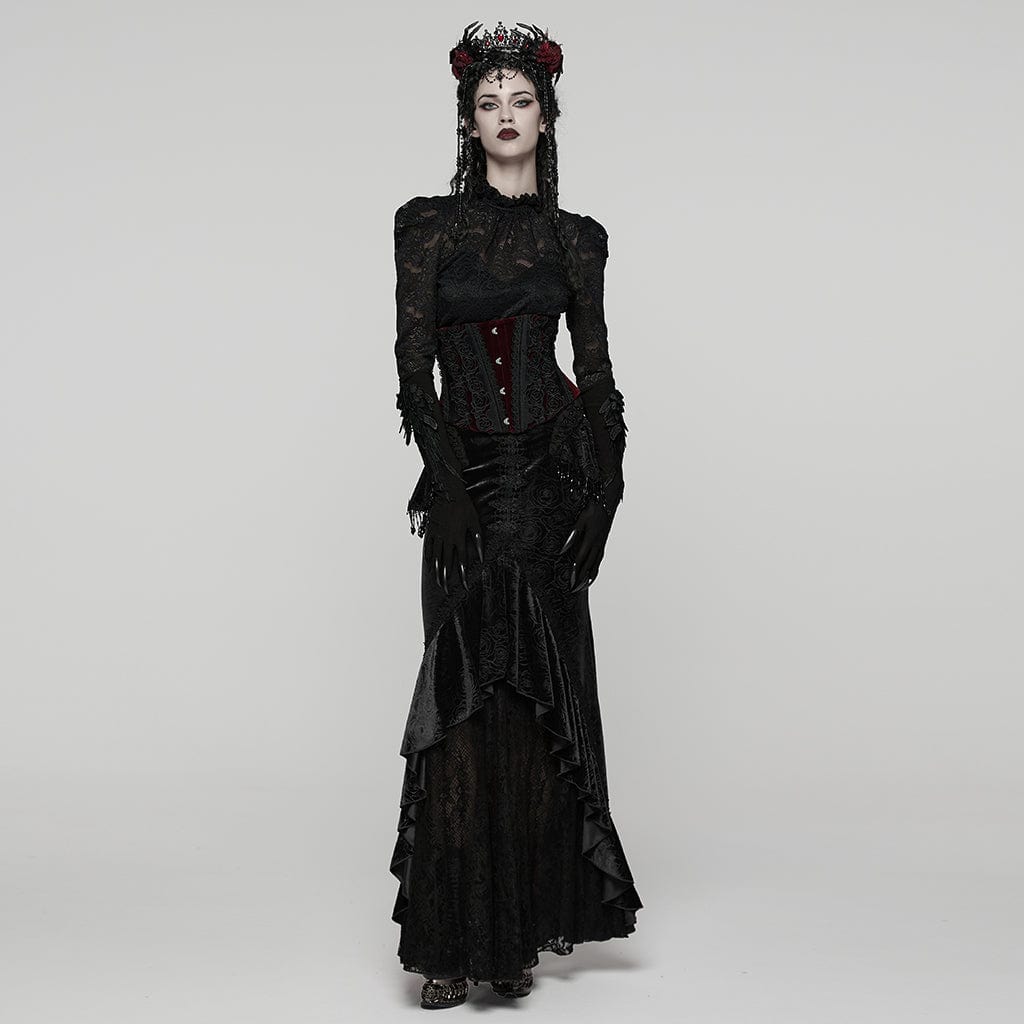 PUNK RAVE Women's Gothic Rose Pattern Lace-up Underbust Corset Red