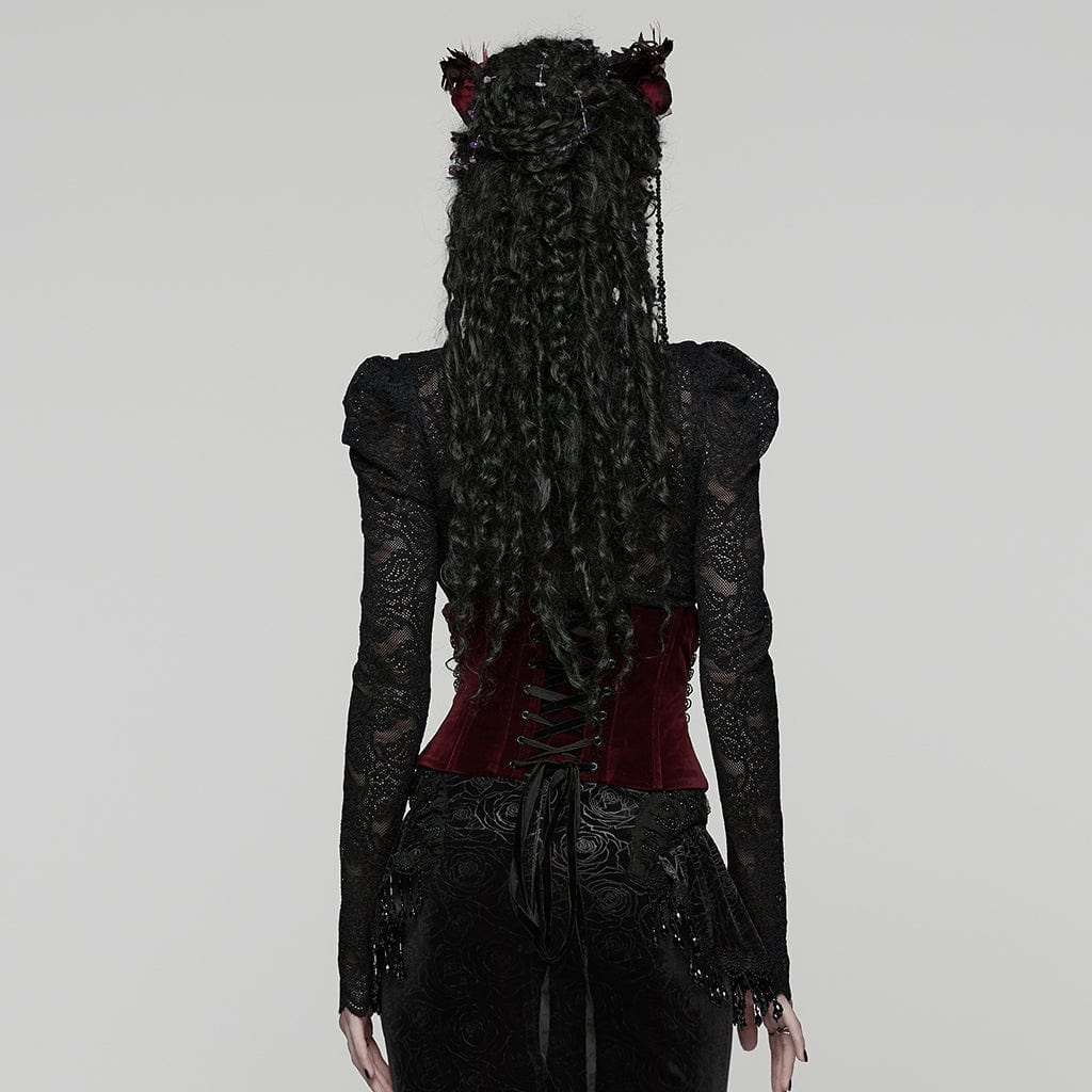 PUNK RAVE Women's Gothic Rose Pattern Lace-up Underbust Corset Red