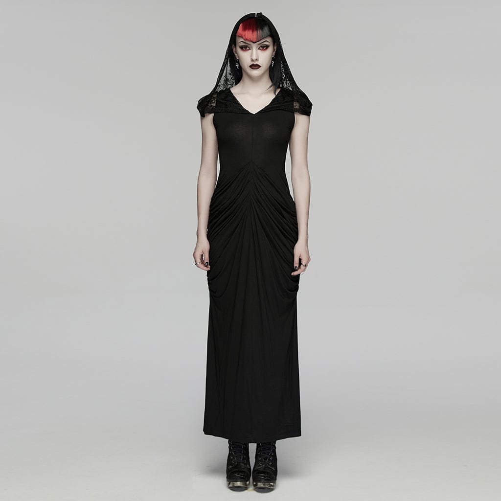 PUNK RAVE Women's Gothic Ruched Hooded Nun Dress Wedding Dress
