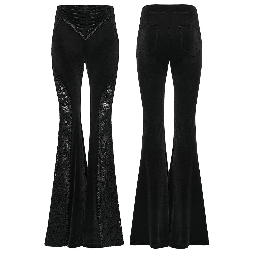 PUNK RAVE Women's Gothic Ruched Lace Splice Flared Velvet Pants