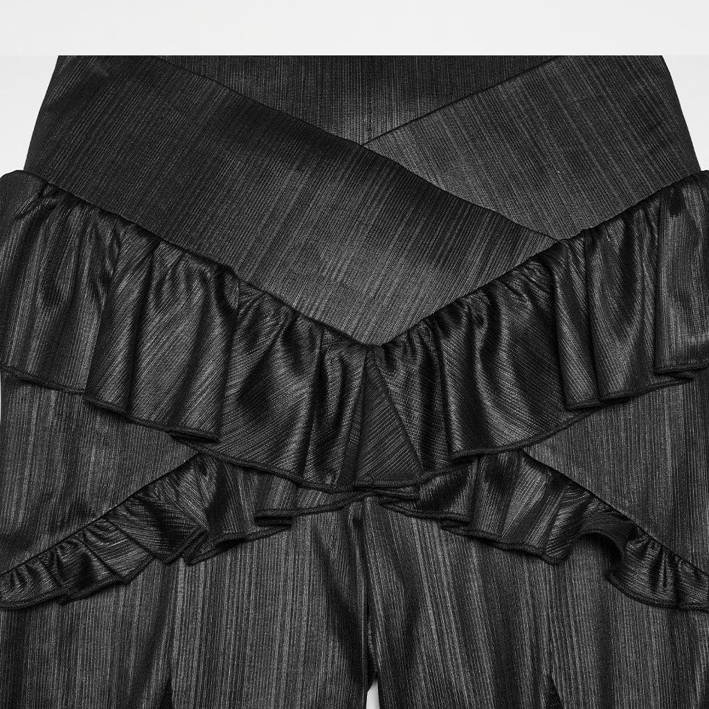 PUNK RAVE Women's Gothic Ruffled Cobweb Pattern Flared Pants