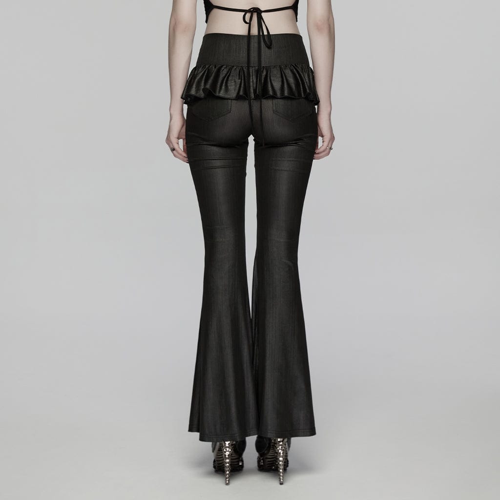 PUNK RAVE Women's Gothic Ruffled Cobweb Pattern Flared Pants