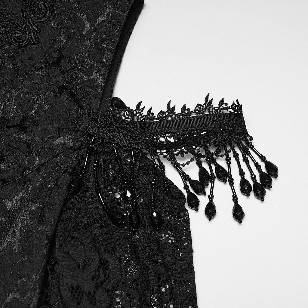 PUNK RAVE Women's Gothic Ruffled Decal Beaded Maxi Dress