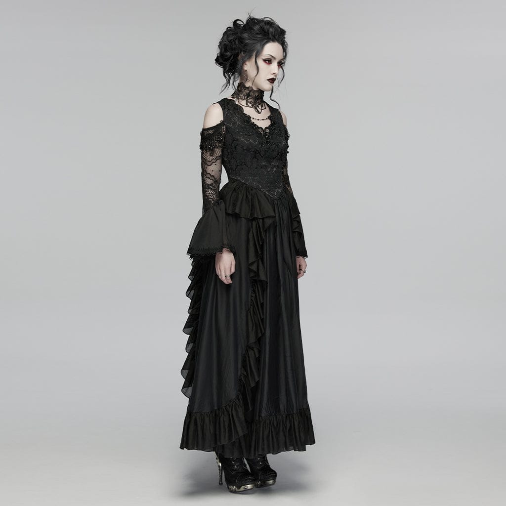 PUNK RAVE Women's Gothic Ruffled Decal Beaded Maxi Dress