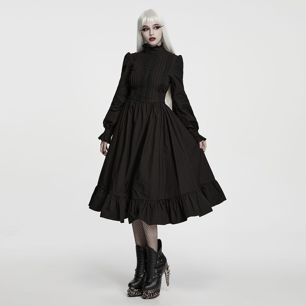 PUNK RAVE Women's Gothic Ruffled High Neck Bishop Sleeve Maxi Dress