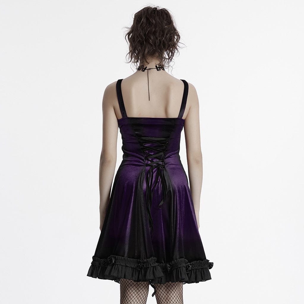 PUNK RAVE Women's Gothic Ruffled Lace Splice Gradient Velvet Slip Dress Violet