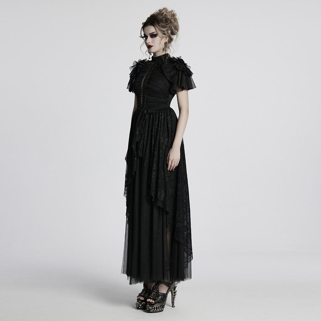 PUNK RAVE Women's Gothic Ruffled Lace Splice Layered Ball Gown Dress