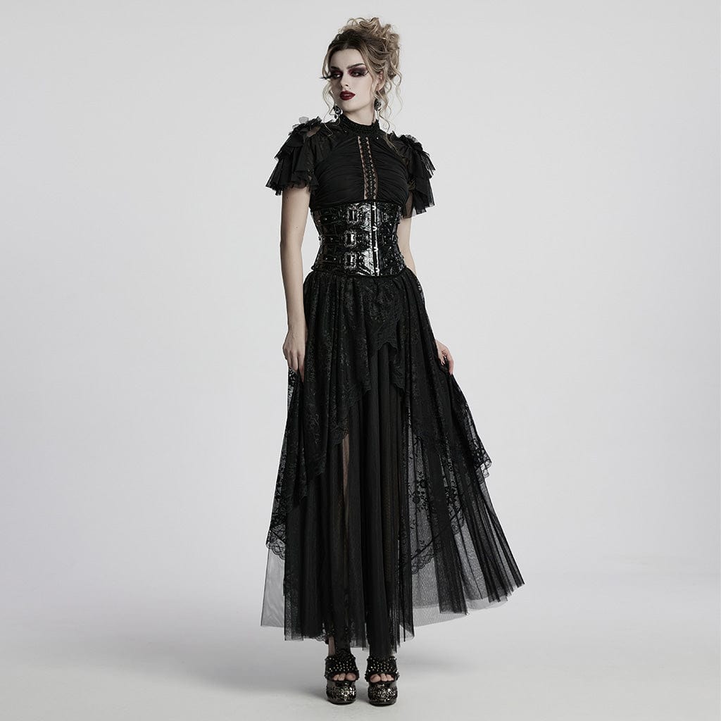 PUNK RAVE Women's Gothic Ruffled Lace Splice Layered Ball Gown Dress