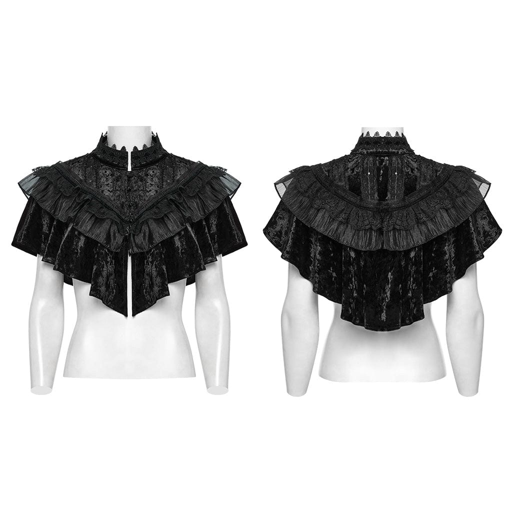 PUNK RAVE Women's Gothic Ruffled Lace Splice Velvet Cape Black