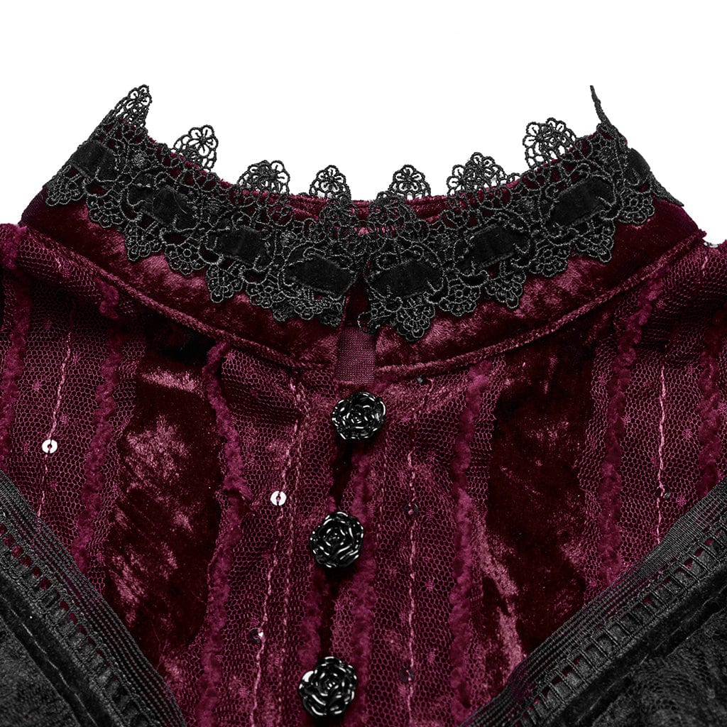 PUNK RAVE Women's Gothic Ruffled Lace Splice Velvet Cape Red