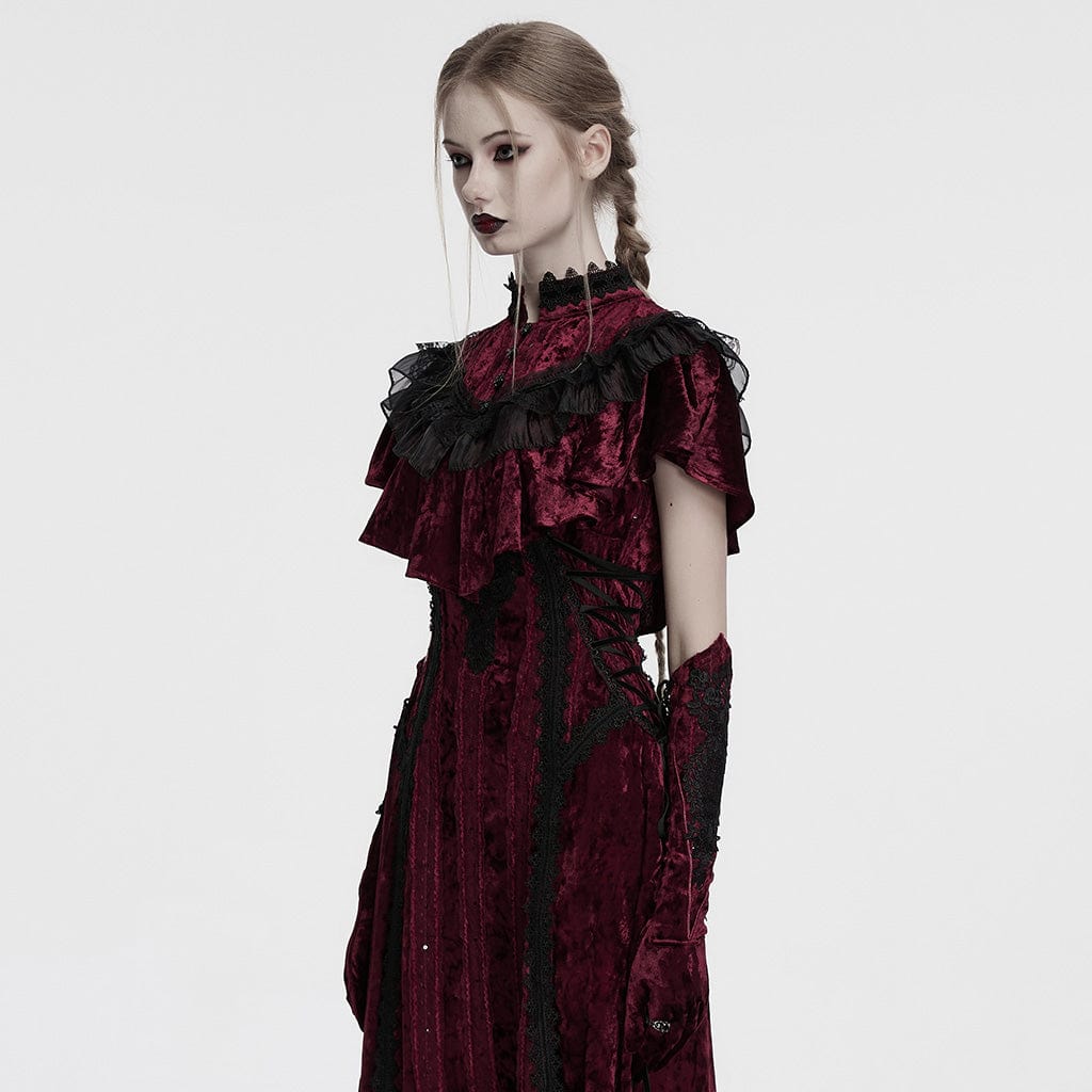 PUNK RAVE Women's Gothic Ruffled Lace Splice Velvet Cape Red