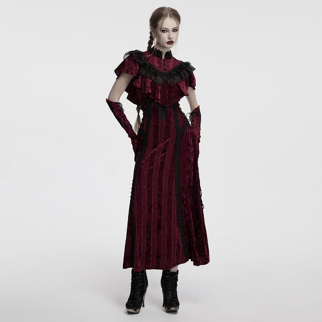 PUNK RAVE Women's Gothic Ruffled Lace Splice Velvet Cape Red