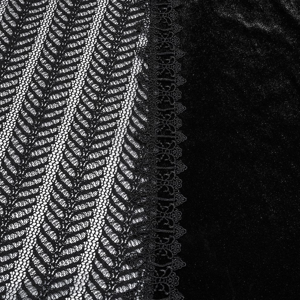 PUNK RAVE Women's Gothic Ruffled Lace Splice Velvet Fishtail Skirt