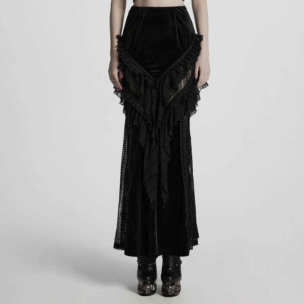 PUNK RAVE Women's Gothic Ruffled Lace Splice Velvet Fishtail Skirt