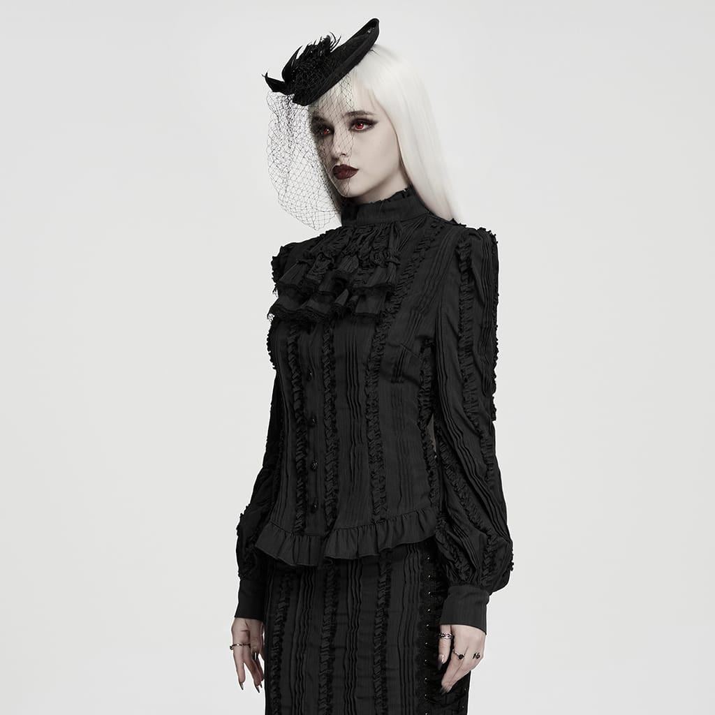 PUNK RAVE Women's Gothic Ruffled Lace-up Long Sleeve Shirt with Detachable Collar