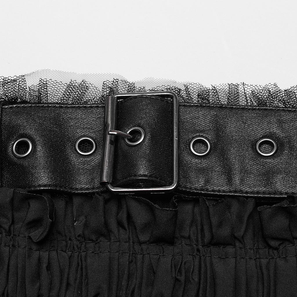 PUNK RAVE Women's Gothic Ruffled Mesh Black Bustier with Belts