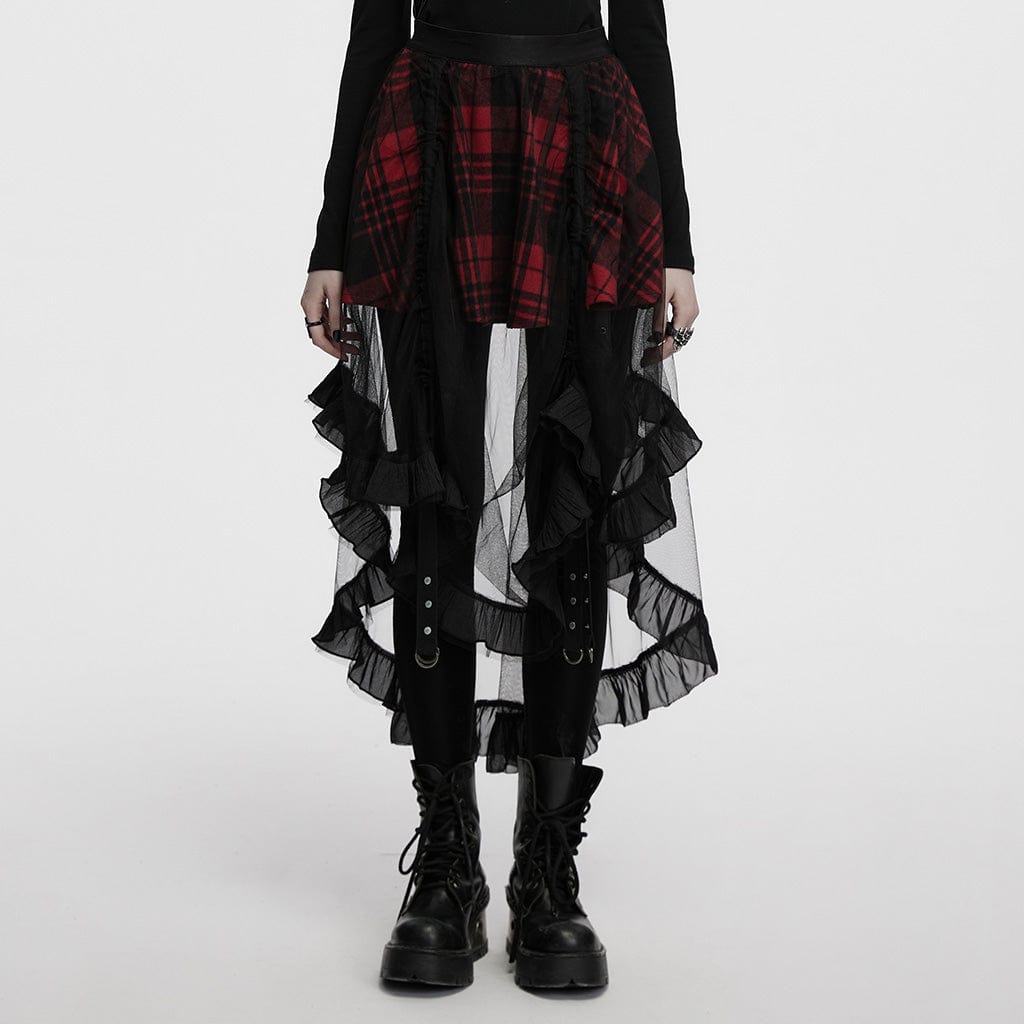 PUNK RAVE Women's Gothic Ruffled Mesh Splice Plaid High/low Skirt
