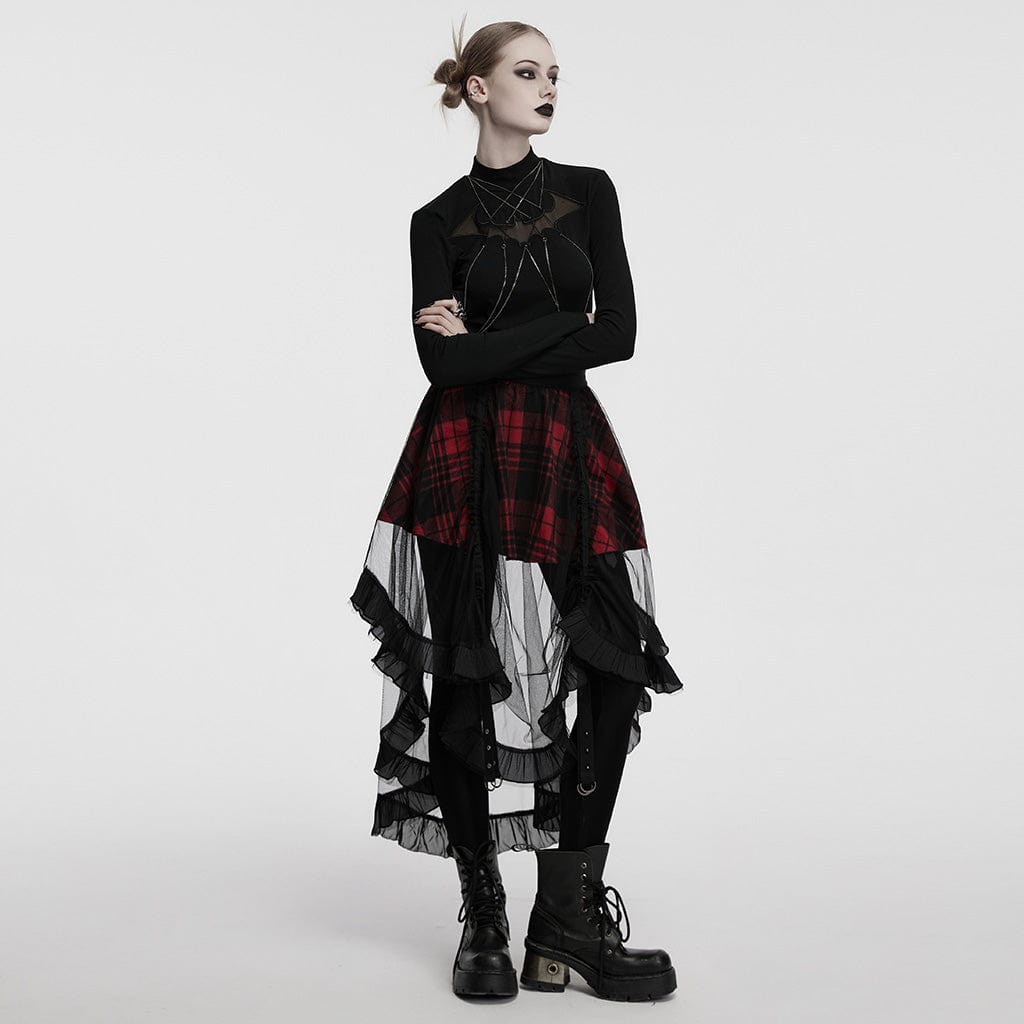 PUNK RAVE Women's Gothic Ruffled Mesh Splice Plaid High/low Skirt