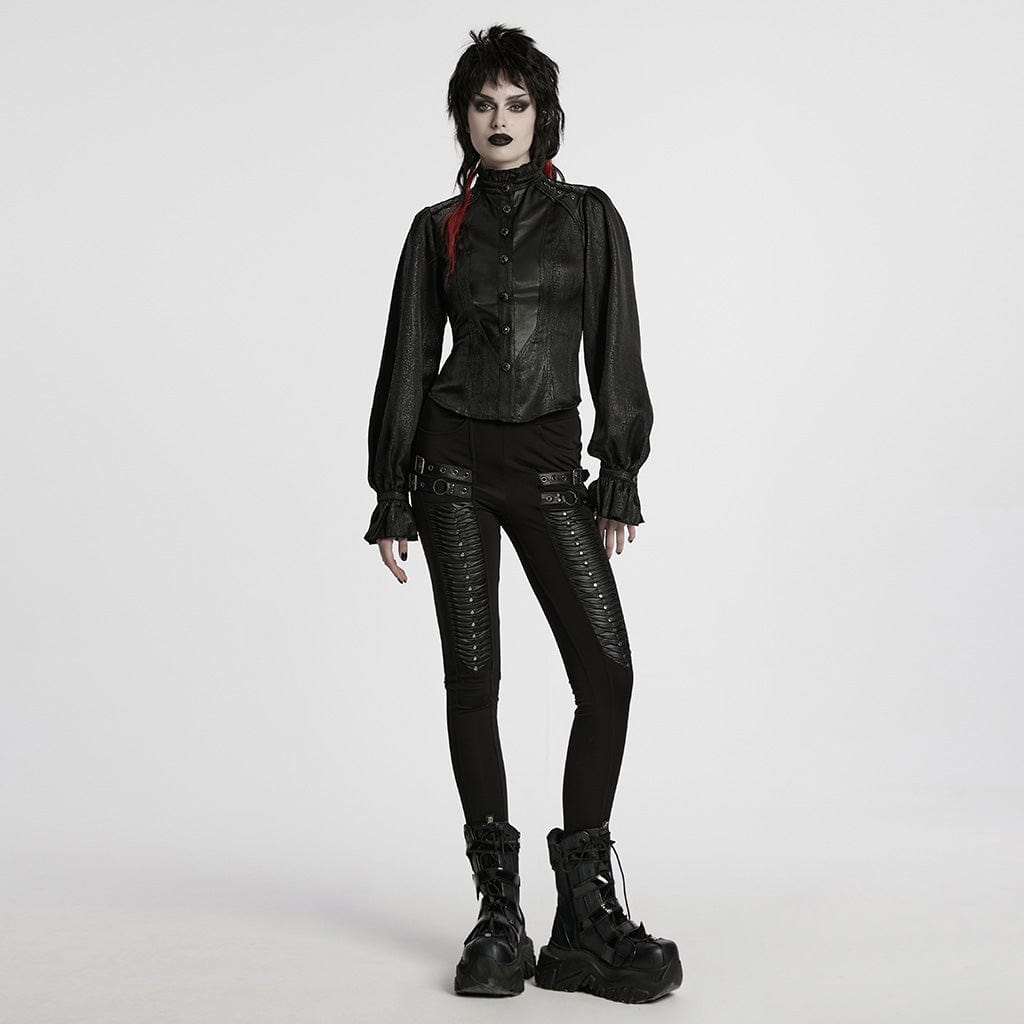 PUNK RAVE Women's Gothic Ruffled Stand Collar Puff Sleeved Shirt