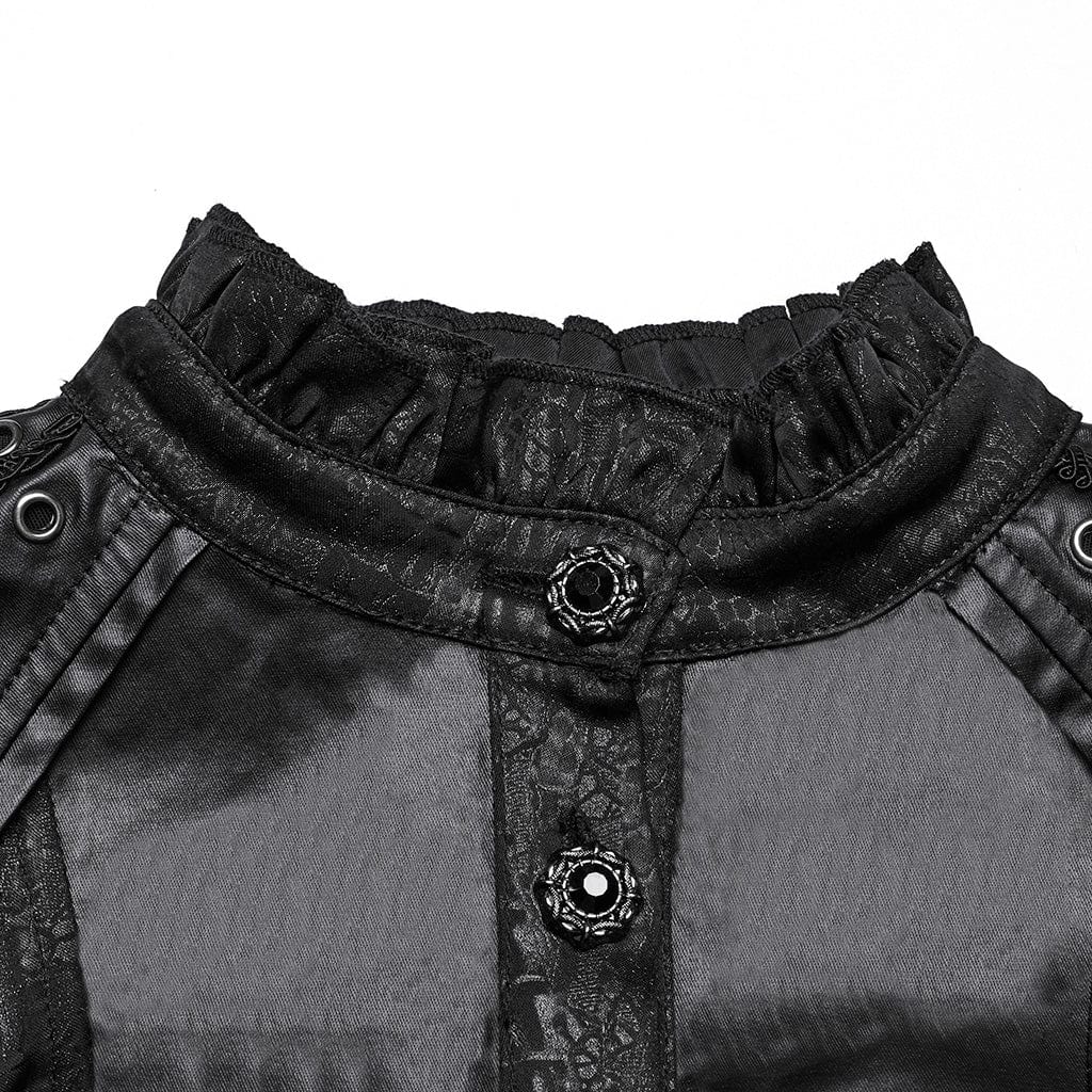 PUNK RAVE Women's Gothic Ruffled Stand Collar Puff Sleeved Shirt