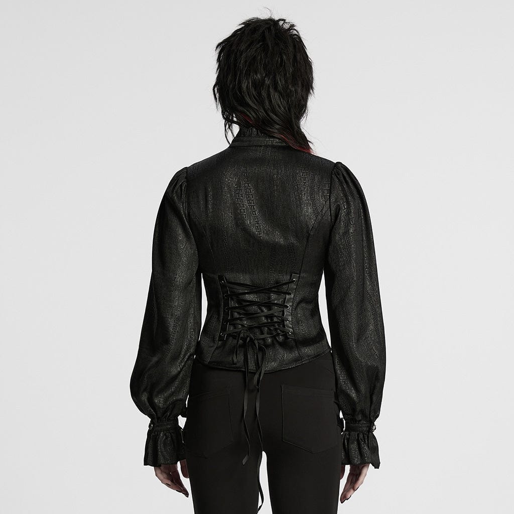 PUNK RAVE Women's Gothic Ruffled Stand Collar Puff Sleeved Shirt