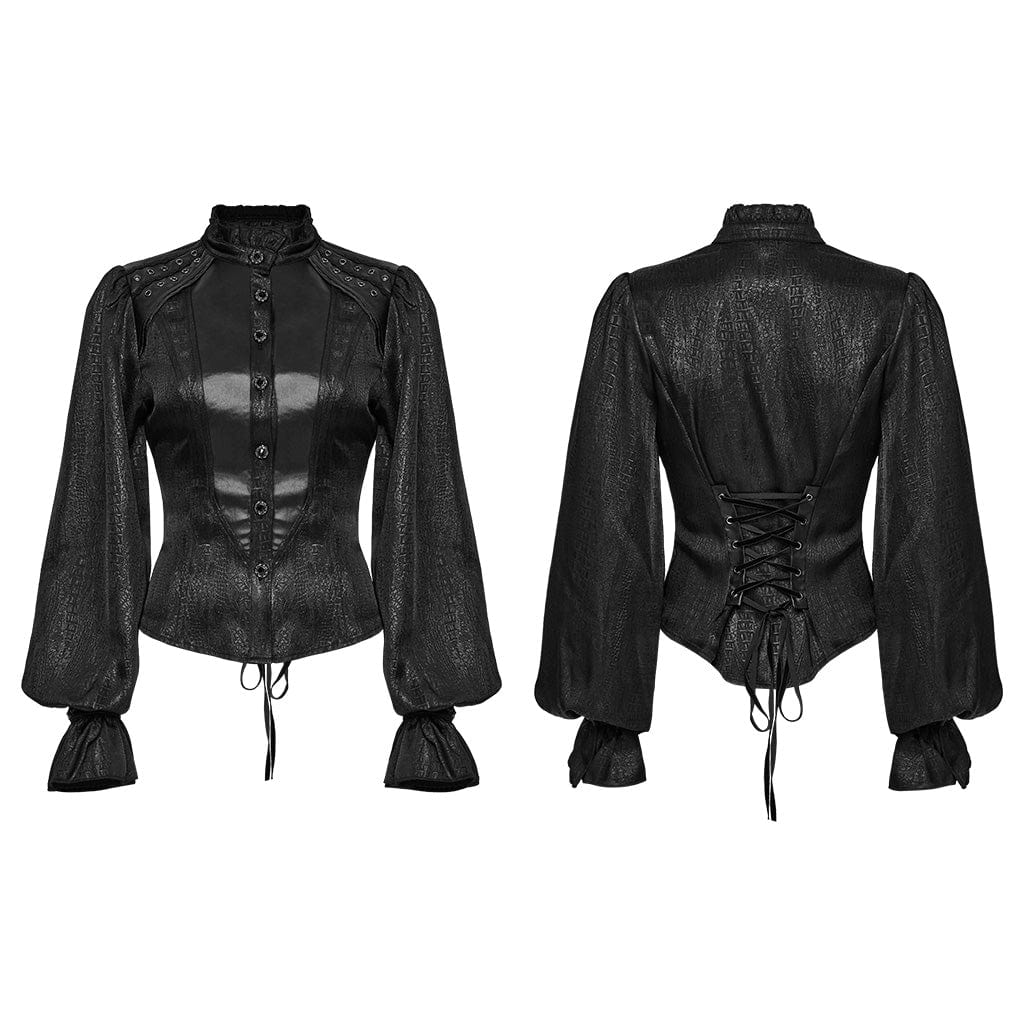 PUNK RAVE Women's Gothic Ruffled Stand Collar Puff Sleeved Shirt