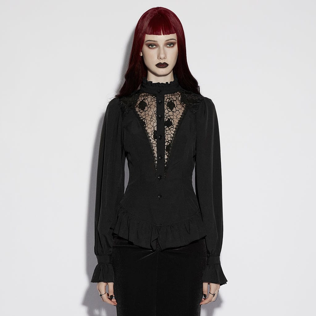 PUNK RAVE Women's Gothic Sheer Ruffled Puff Long Sleeved Shirt