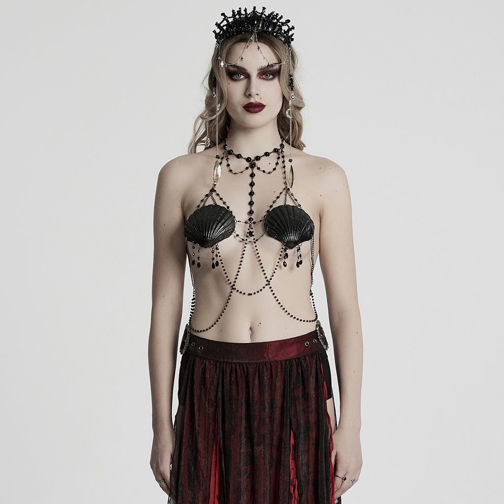 PUNK RAVE Women's Gothic Shell Beaded Chain Halterneck Harness
