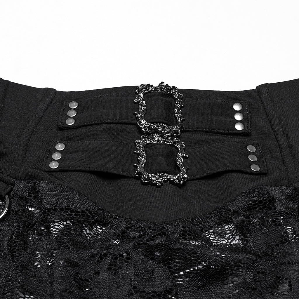 PUNK RAVE Women's Gothic Split Lace Skirt with Studded Chain