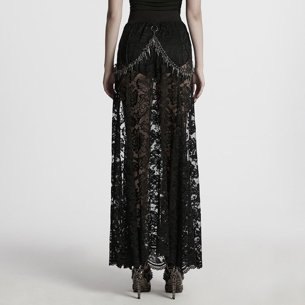 PUNK RAVE Women's Gothic Split Lace Skirt with Studded Chain