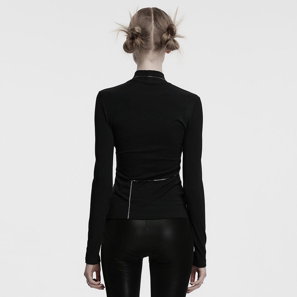 PUNK RAVE Women's Gothic Stand Collar Bat Mesh Splice Chain Shirt Black