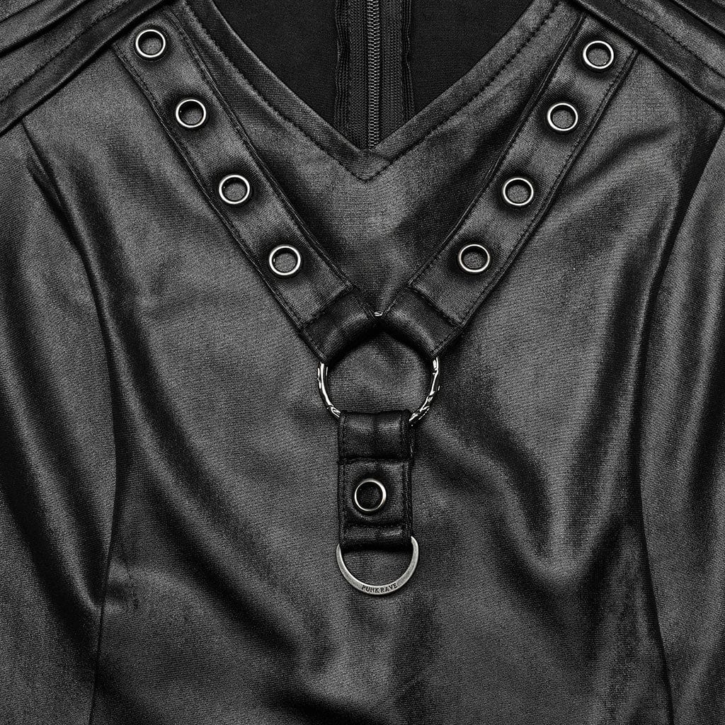 PUNK RAVE Women's Gothic Stand Collar Cutout Ruched Shirt