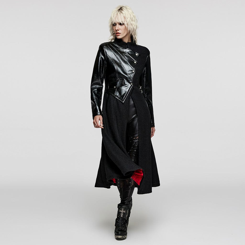 PUNK RAVE Women's Gothic Stand Collar Faux Leather Splice Wool Coat