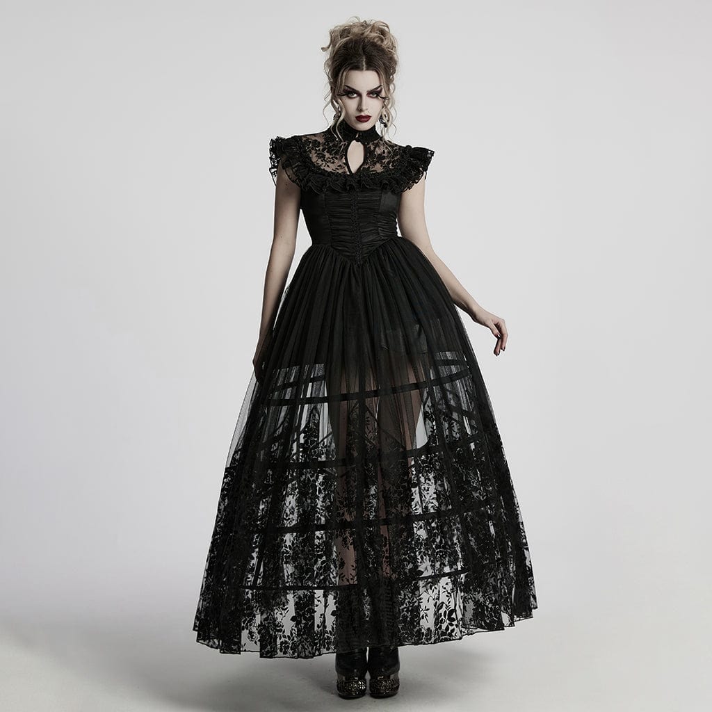 PUNK RAVE Women's Gothic Stand Collar Flocking Mesh Formal Dress