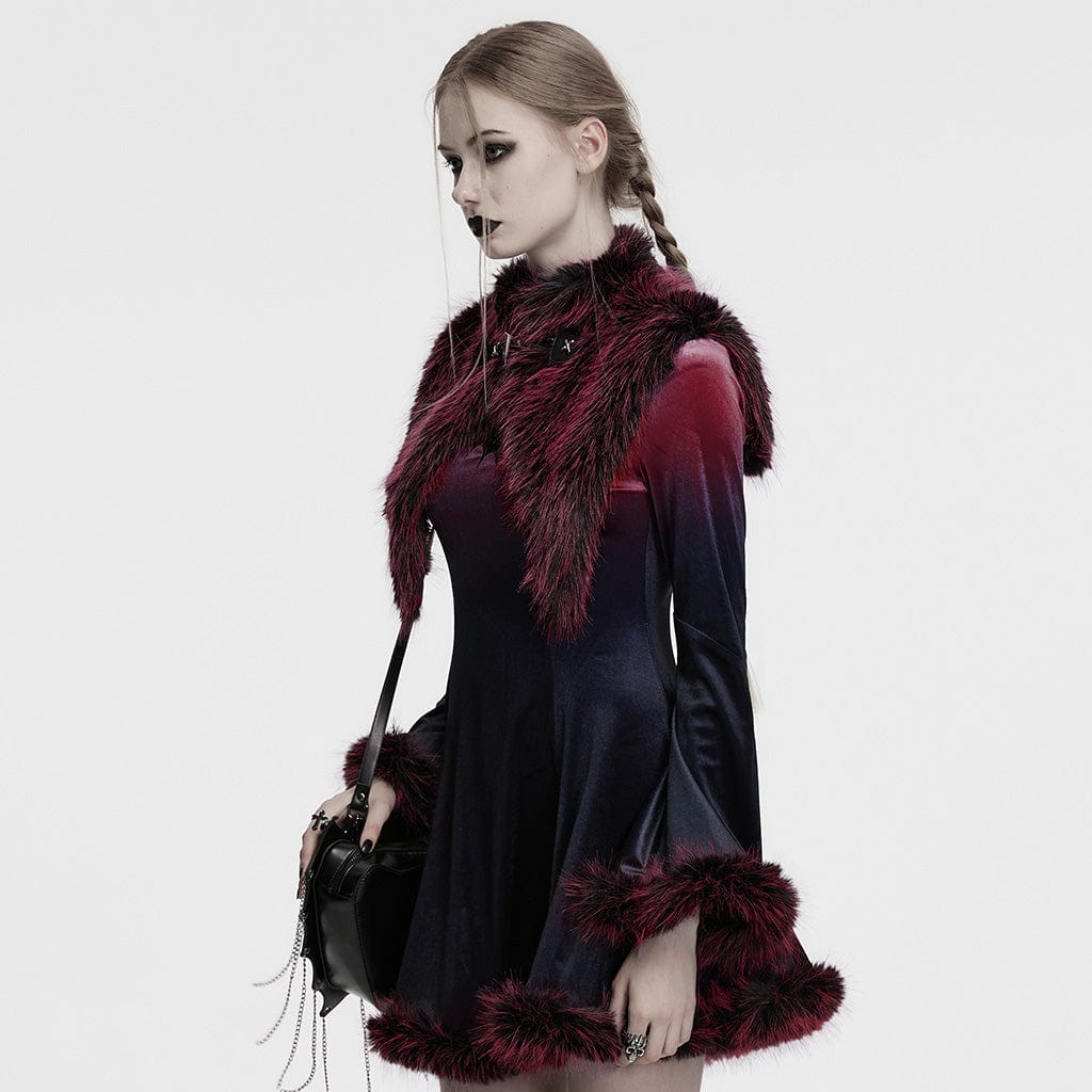 PUNK RAVE Women's Gothic Stand Collar Gradient Faux Fur Cape Red