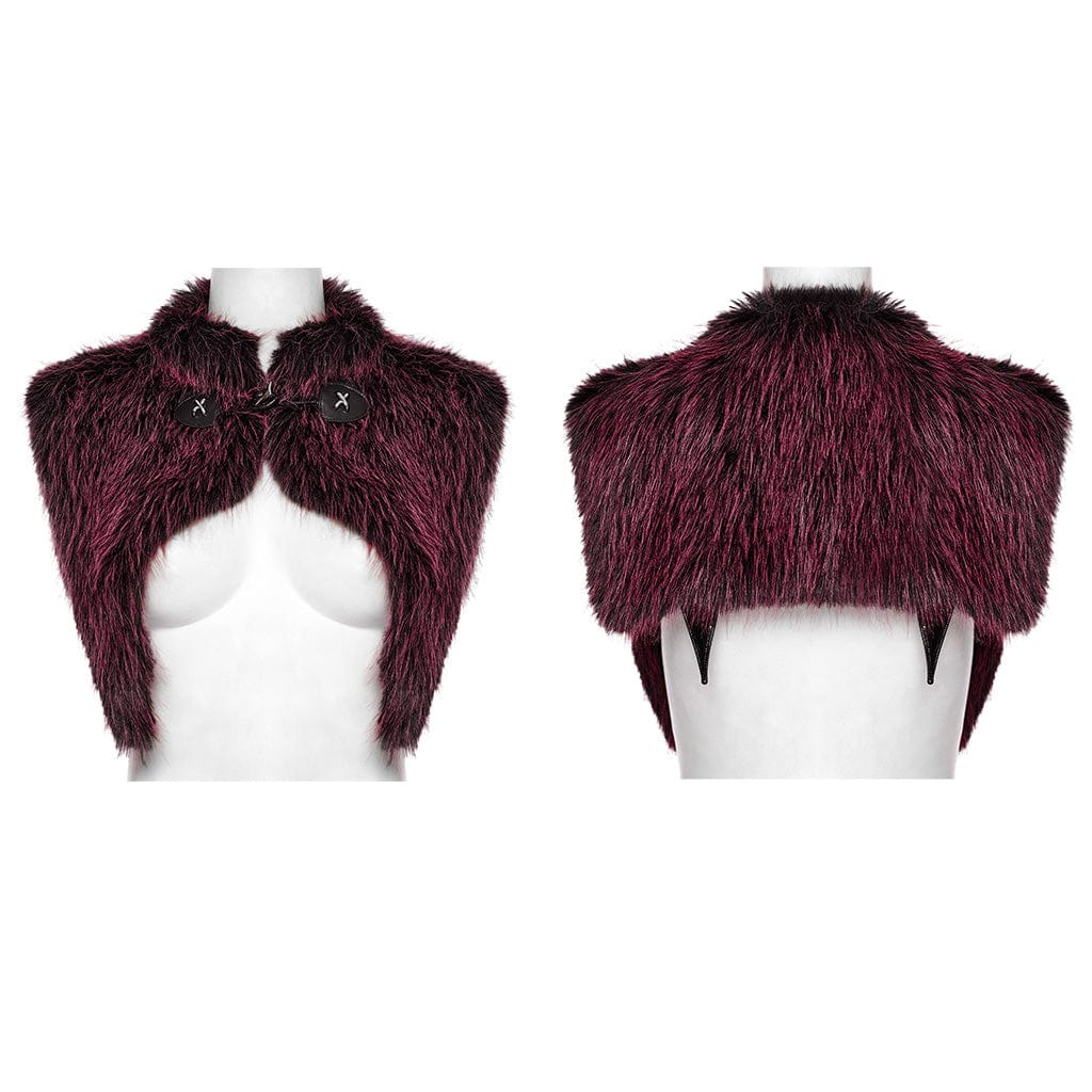 PUNK RAVE Women's Gothic Stand Collar Gradient Faux Fur Cape Red
