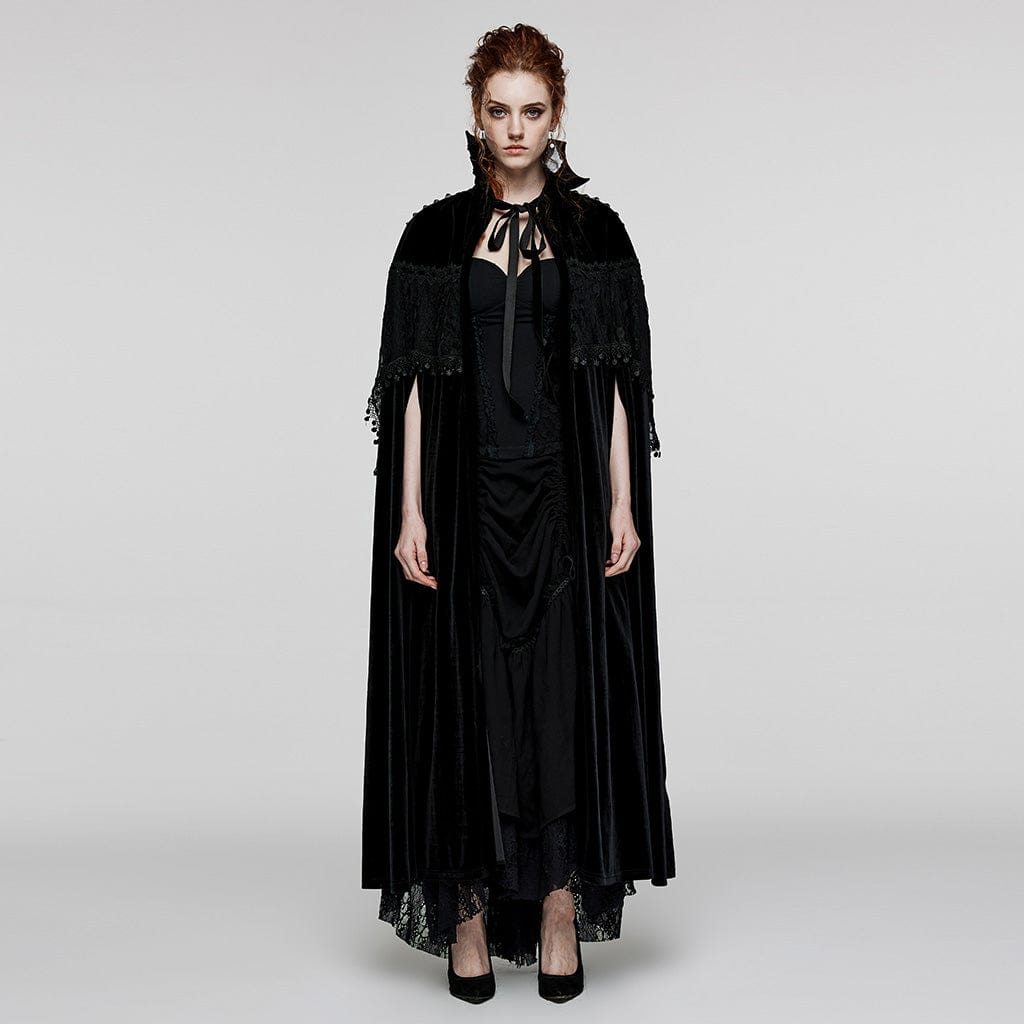 PUNK RAVE Women's Gothic Stand Collar Lace Splice Velvet Cape
