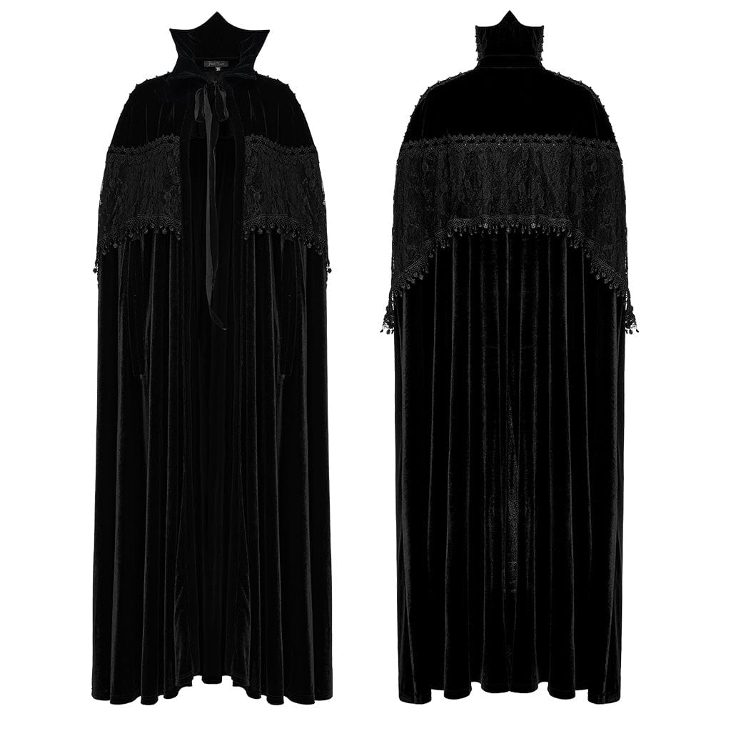 PUNK RAVE Women's Gothic Stand Collar Lace Splice Velvet Cape