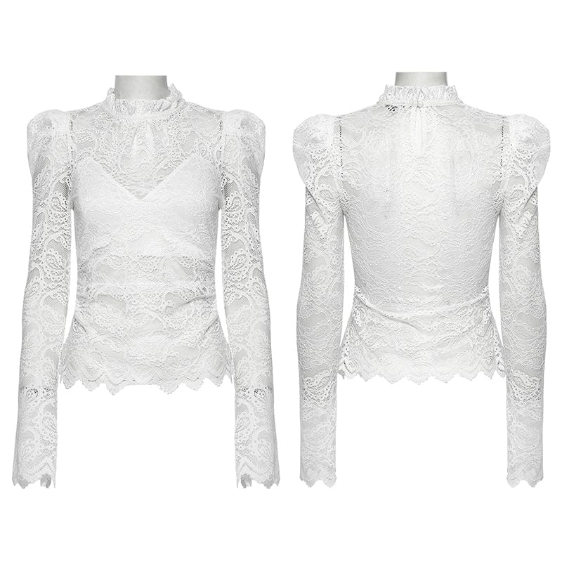 PUNK RAVE Women's Gothic Stand Collar Puff Sleeved Lace Shirt White