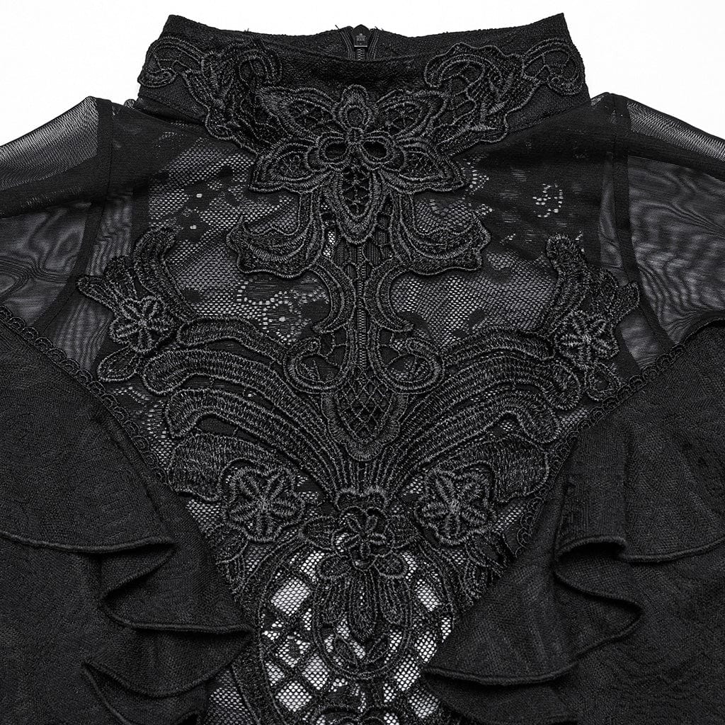 PUNK RAVE Women's Gothic Stand Collar Ruffled Lace Shirt